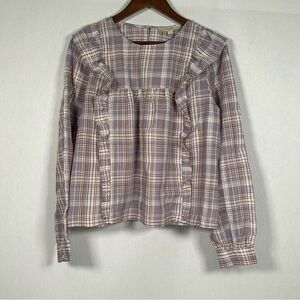 LOFT Lavender Plaid Ruffle Blouse